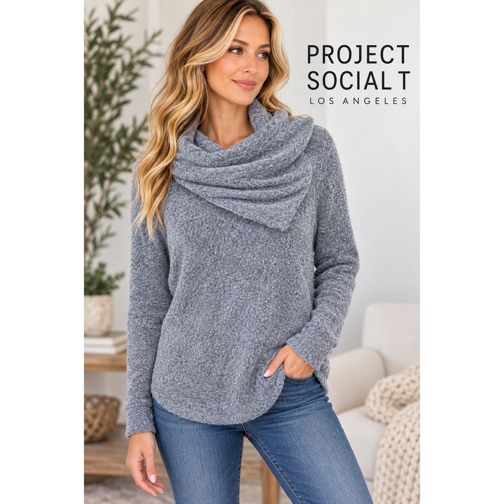 Project Social T Los Angeles Grey Cowl Neck Boucle Sweater 3200-SV Small